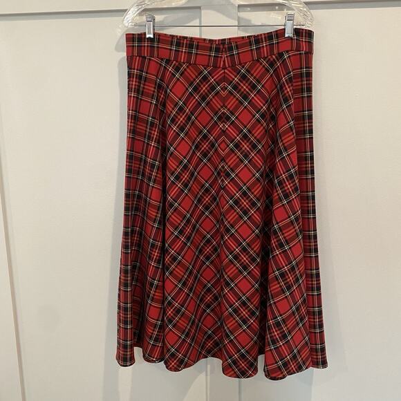 Tartan Plaid Skirt Women 12 Red Black Midi Flare Western Holiday Christmas Prep - Picture 10 of 11